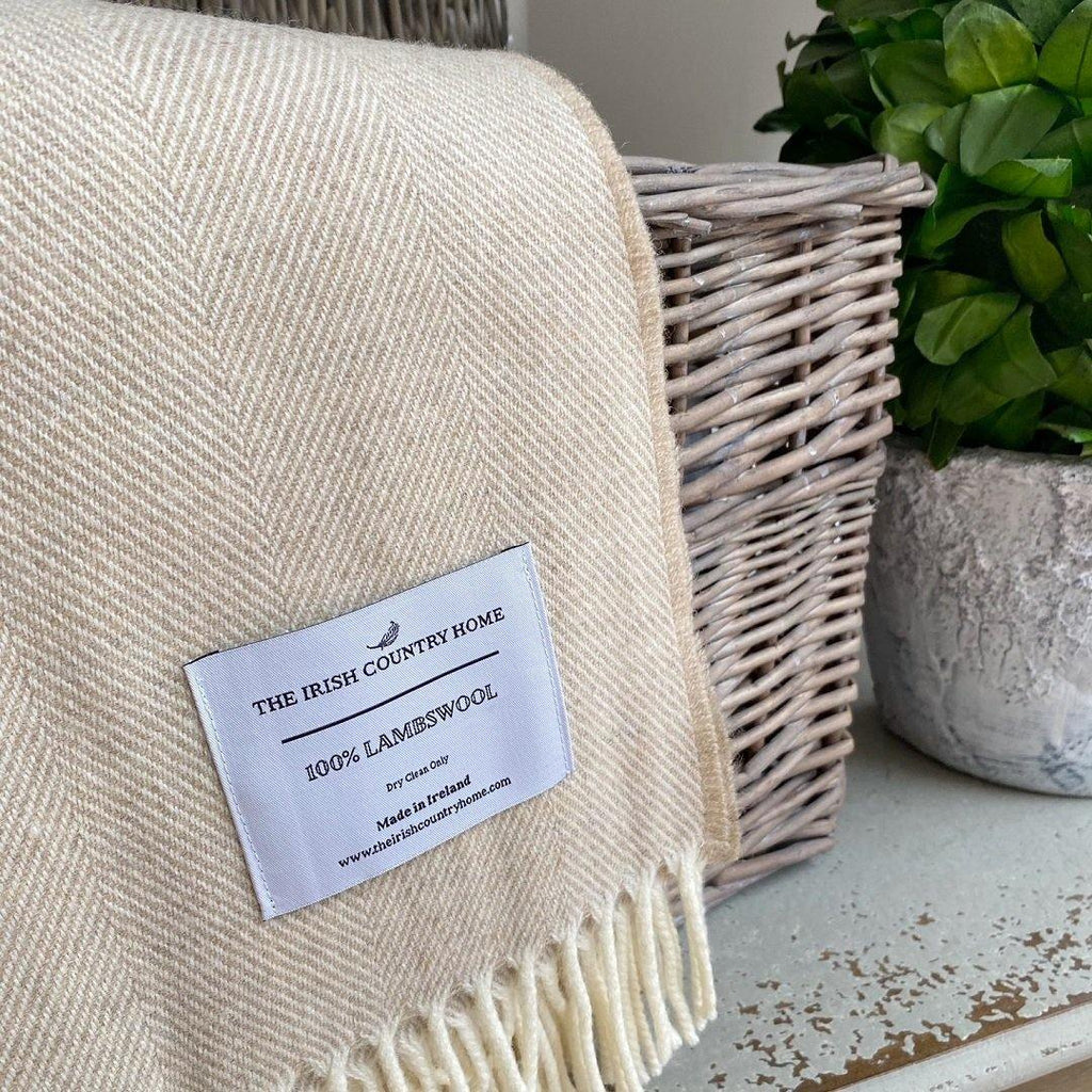 Luxury Supersoft Herringbone Lambswool Throw Soft Beige - The Irish Country Home